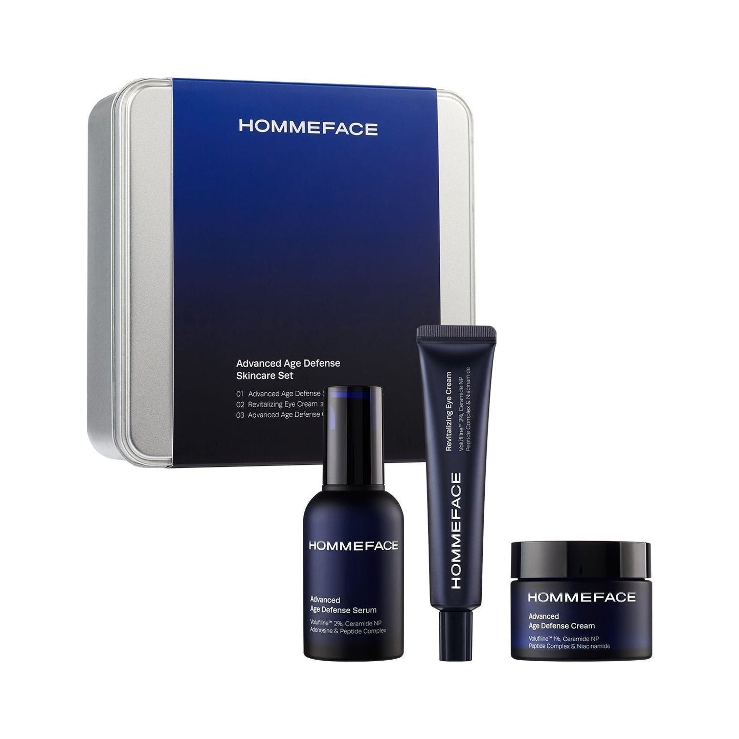 HommeFace Advanced Age Defense Skincare Set by Pasteur Pharmacy with cleanser, moisturizer, and serum for mature skin.