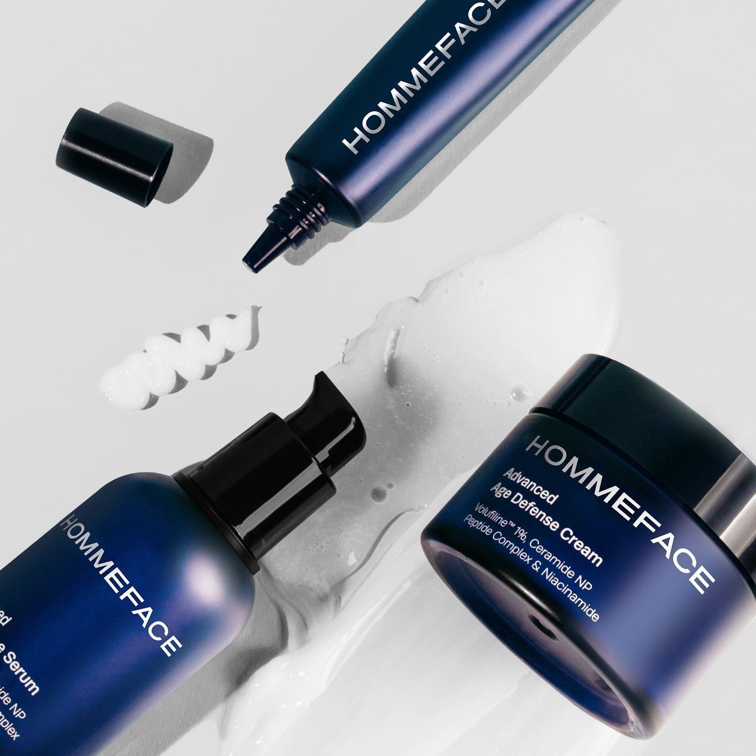 HommeFace Advanced Age Defense Skincare Set by Pasteur Pharmacy with cleansers, serums, and moisturizers for mature skin.