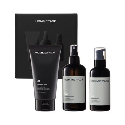 HommeFace Daily Skincare Trio set by Pasteur Pharmacy with cleansers, moisturizers, and serums in 17.74 oz bottles.