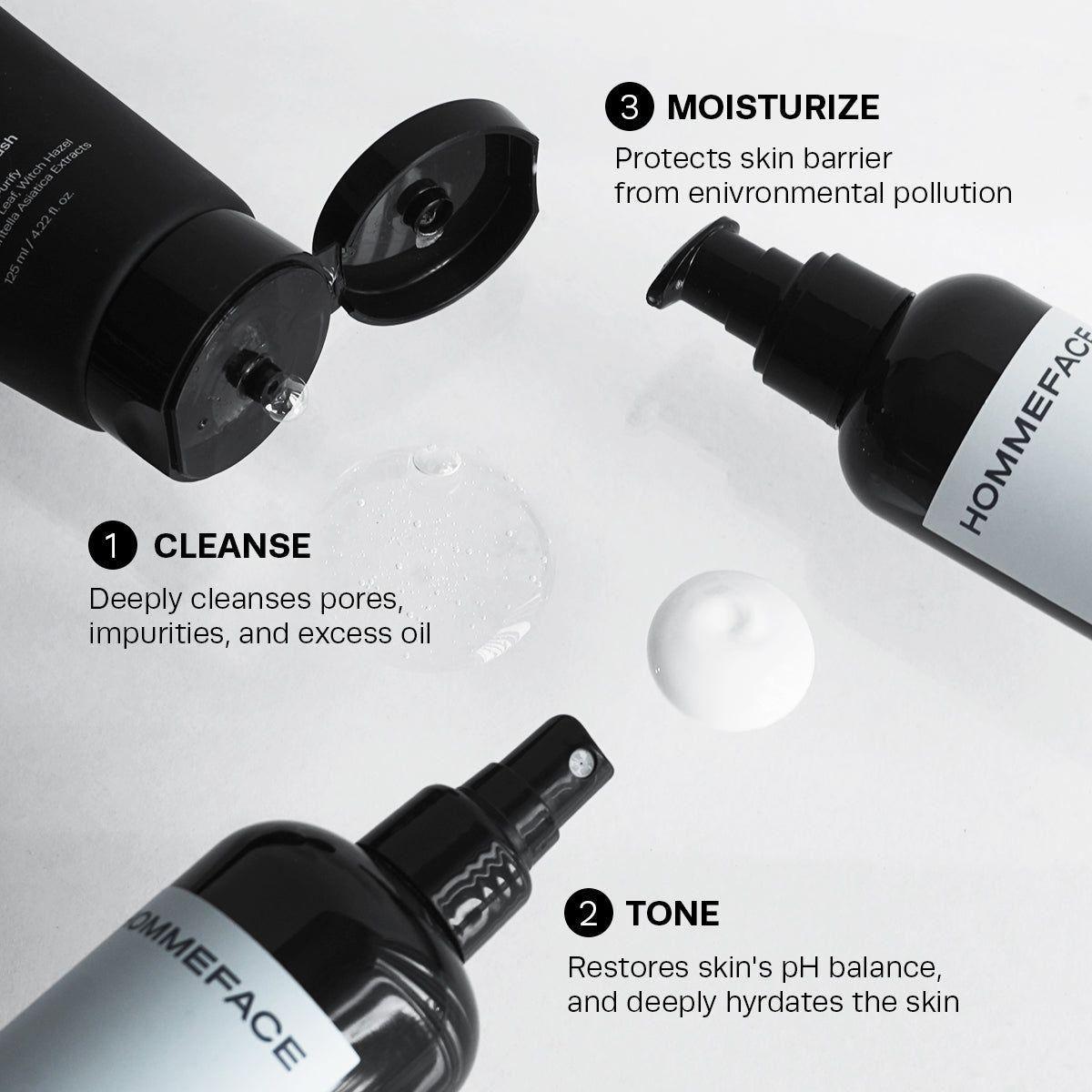 HommeFace Daily Skincare Trio set by Pasteur Pharmacy, featuring three 17.74 oz skincare products for men's daily skincare routine.