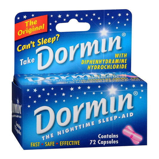 Dormin Night-Time Sleep Aid capsules by Pasteur Pharmacy, natural sleeping aid for restful sleep, in a blister pack.