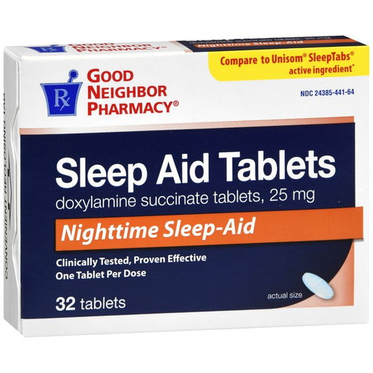 GNP Nighttime Sleep Aid 25mg tablets by Pasteur Pharmacy, 32-count bottles, for restful sleep and insomnia relief.