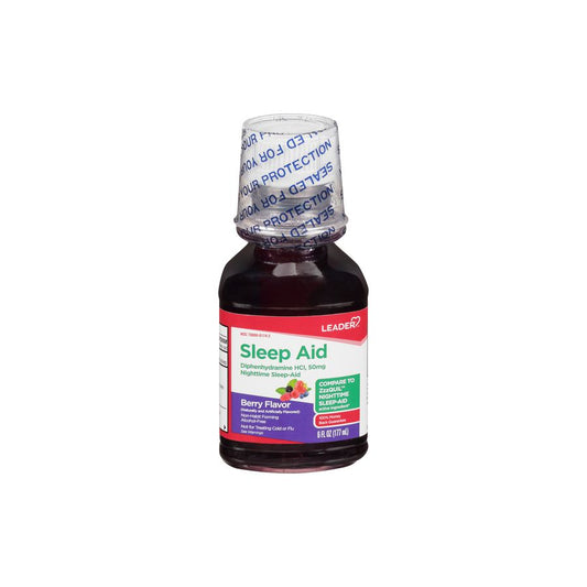 Leader Nighttime Sleep Aid 50mg liquid in berry flavor, 6 oz bottle, a soothing sleeping aid from Pasteur Pharmacy.
