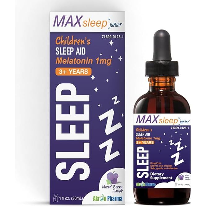 Max Sleep Jr child melatonin sleeping aid bottle from Pasteur Pharmacy, designed for kids' sleep support.