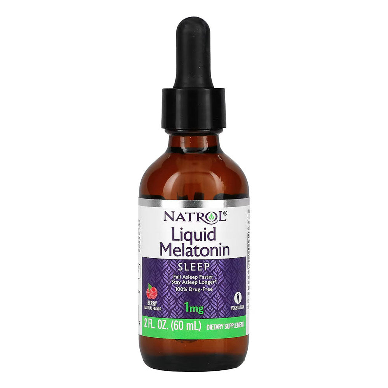 Natrol Melatonin Liquid Drops in raspberry flavor, 1mg per 4mL, sleeping aid supplement in a 2 fl oz bottle.