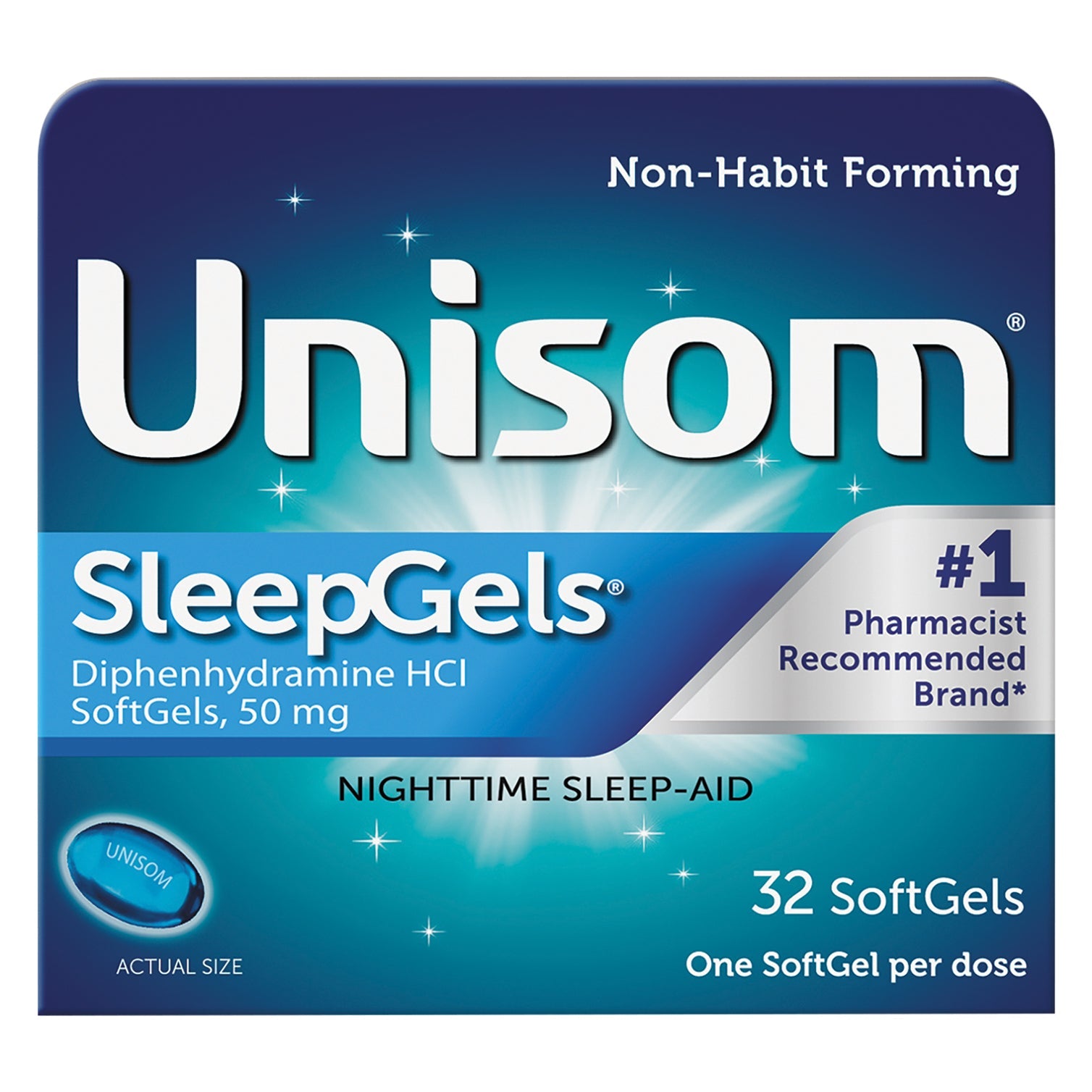 Unisom SleepGels nighttime sleep aid softgels with 50mg diphenhydramine HCl, 32 softgels for restful sleep.