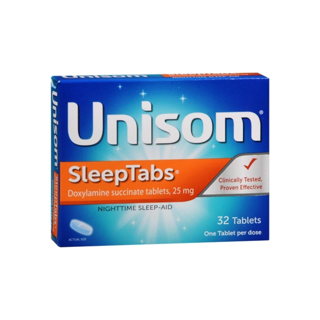 Unisom SleepTabs nighttime sleep aid bottles with 16 tablets, containing 25mg doxylamine succinate for sleep support