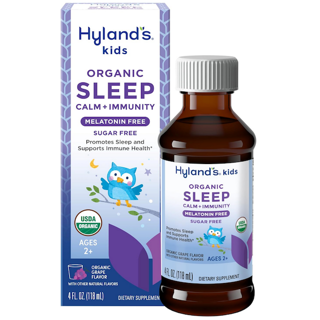 Hyland's Kids Organic Sleep Calm and Immunity liquid, melatonin-free sleep aid for children, in a dropper bottle.