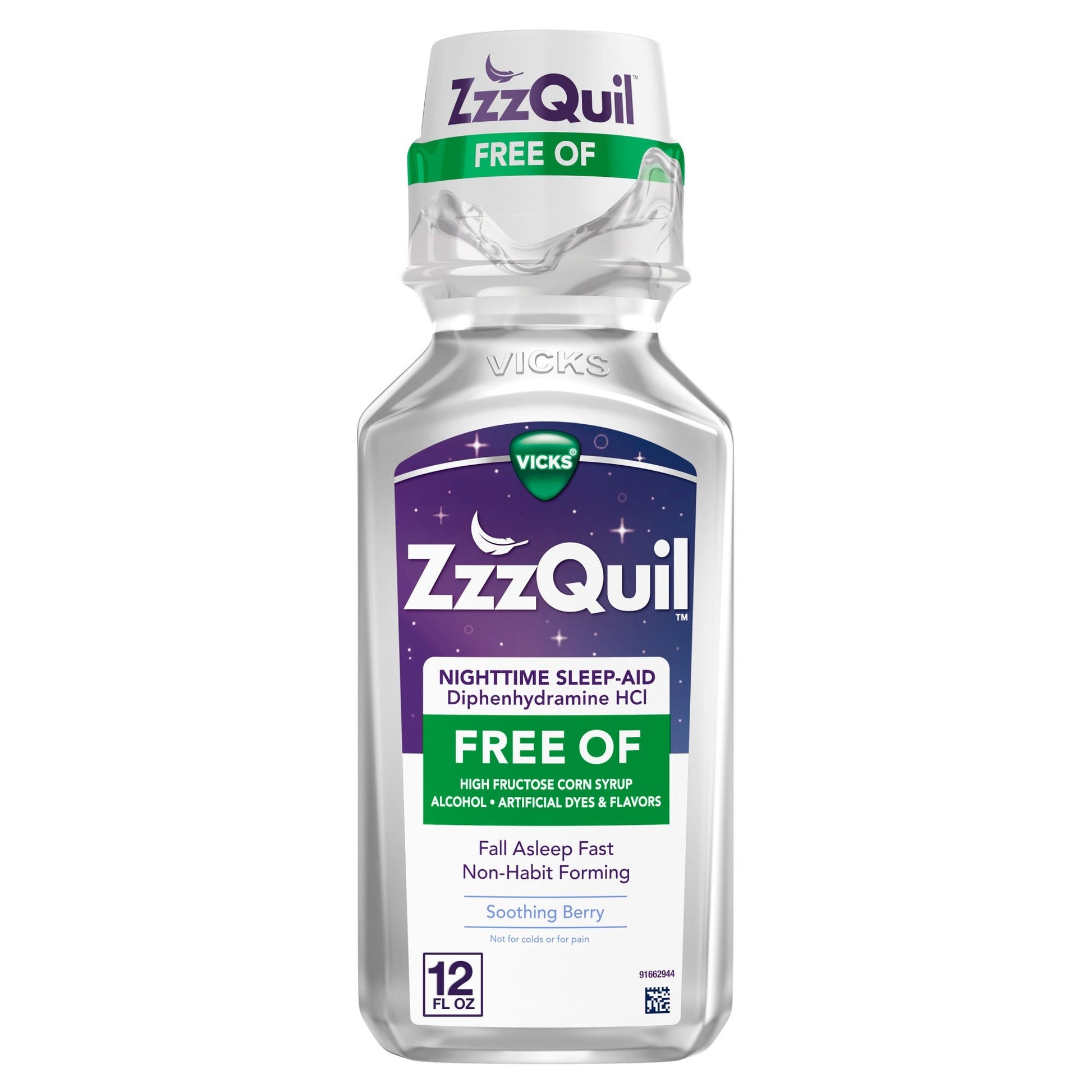 Vicks ZzzQuil™ Nighttime Sleep Aid bottle, alcohol-free berry flavor, 12 fl oz, designed for snoring and sleep support.