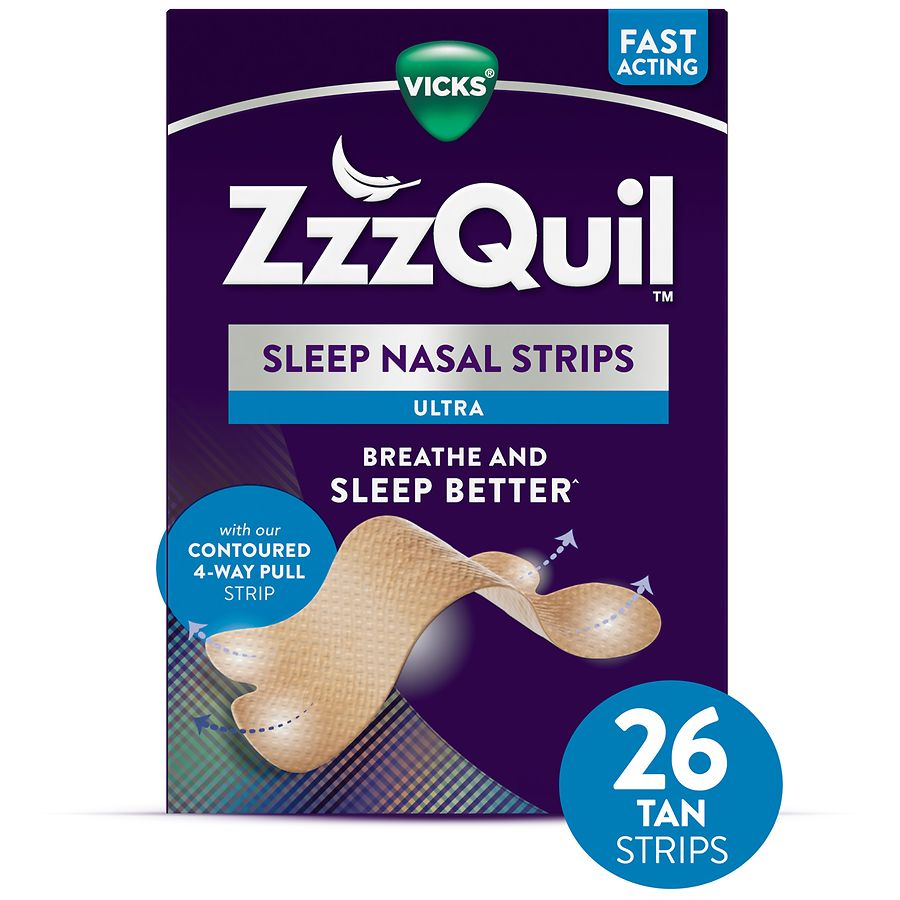 Vicks ZzzQuil Sleep Ultra Nasal Strips for snoring and sleep apnea relief, 26-count, designed to open nasal passages naturally.