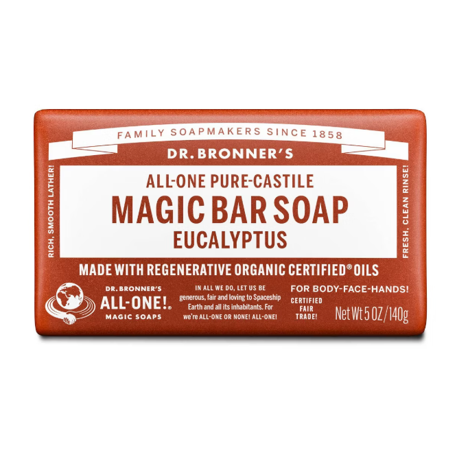 Dr. Bronner's Eucalyptus Castile Soap Bar, 5 oz, natural herbal soap for cleansing and refreshing skin.