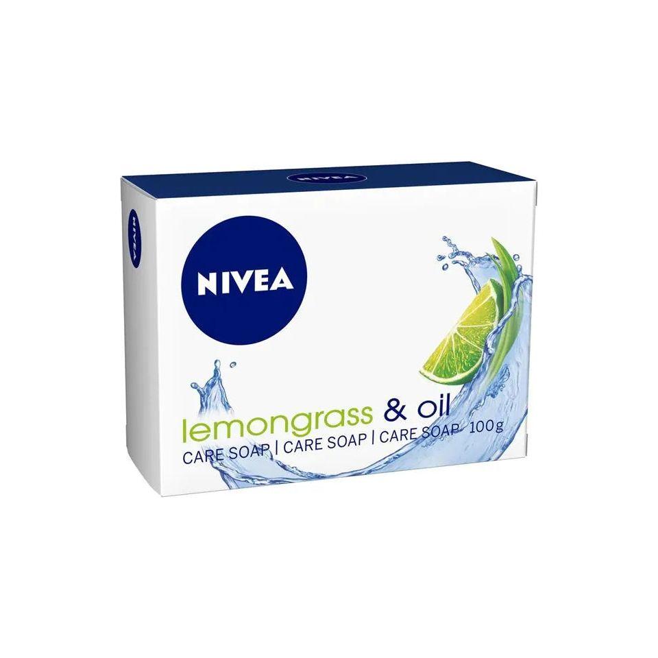 Nivea Lemongrass & Oil Care Soap 100g, natural soap bar with lemongrass scent and nourishing oil, shown in packaging.