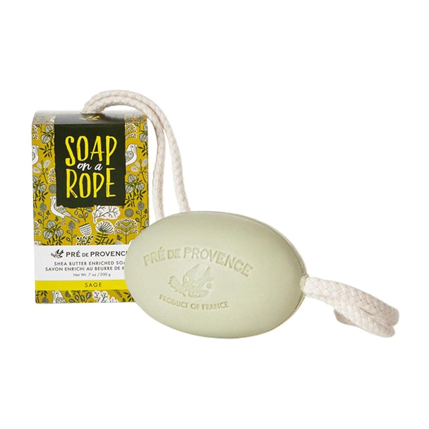 Pre De Provence Sage soap on a rope, 7 oz, natural soap with a sage scent, displayed hanging from a rustic rope.