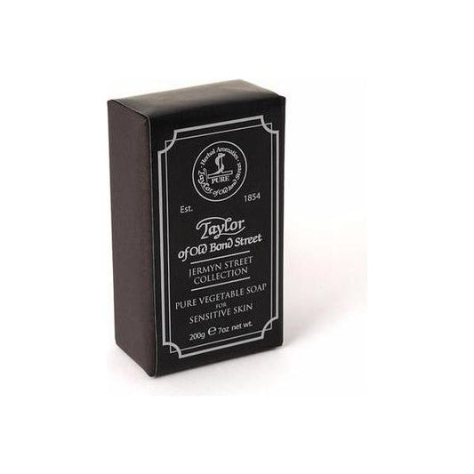 Taylor of Old Bond Street Jermyn Street vegetable soap for sensitive skin, 200g, in a soap bar with elegant packaging.