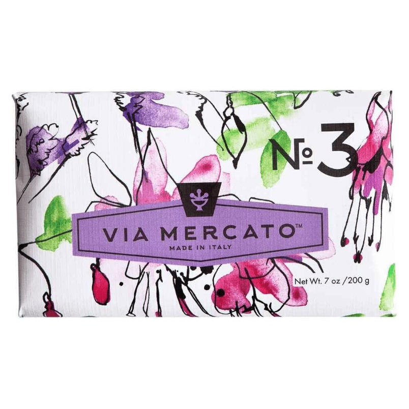 Pasteur Pharmacy Via Mercato Nro. 3 Soap with Pepe Rosa, Lavender, and Vanilla Bean, 7oz bar showing floral and creamy textures.