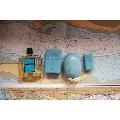 Claus Porto Musgo Real Alto Mar soap on a rope, 6.7 oz, featuring a nautical-themed design and natural soap texture.