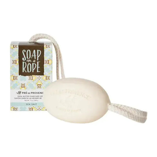 Pre De Provence Sea Salt Soap on a Rope by Pasteur Pharmacy, 200g, with natural sea salt texture and hanging rope design.