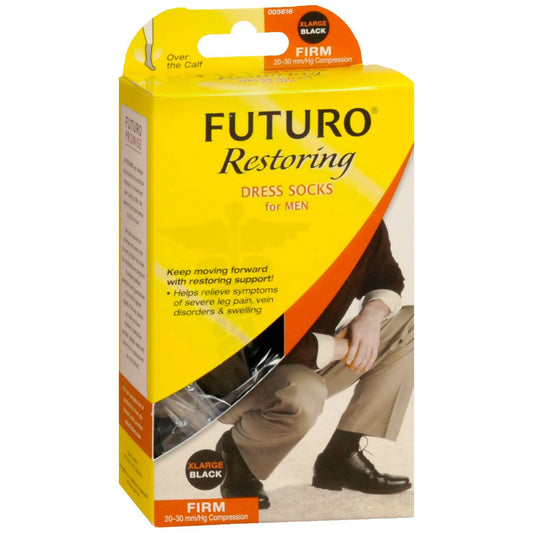 FUTURO Restoring men's dress socks in black, XL size, with 20-30 mmHg firm compression, designed for improved leg circulation.