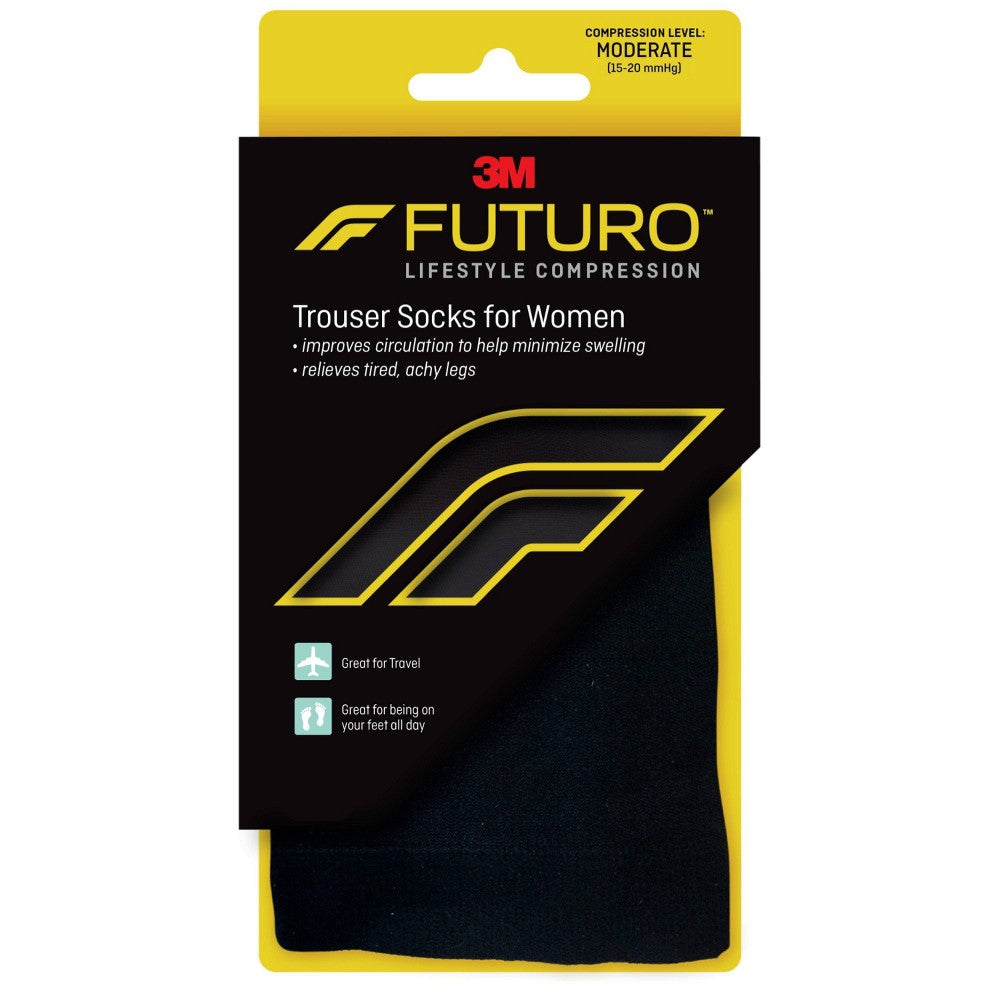 Futuro women's trouser socks with moderate compression in black, designed for comfort and support, by Pasteur Pharmacy.