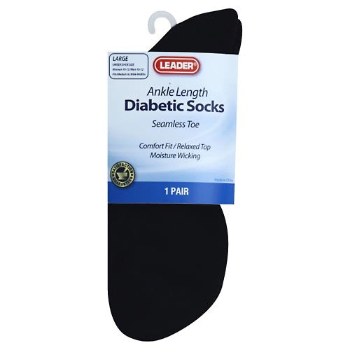 Black Leader Diabetic Sock ankle-length for large feet, designed for comfort and support, shown in a pair by Pasteur Pharmacy.