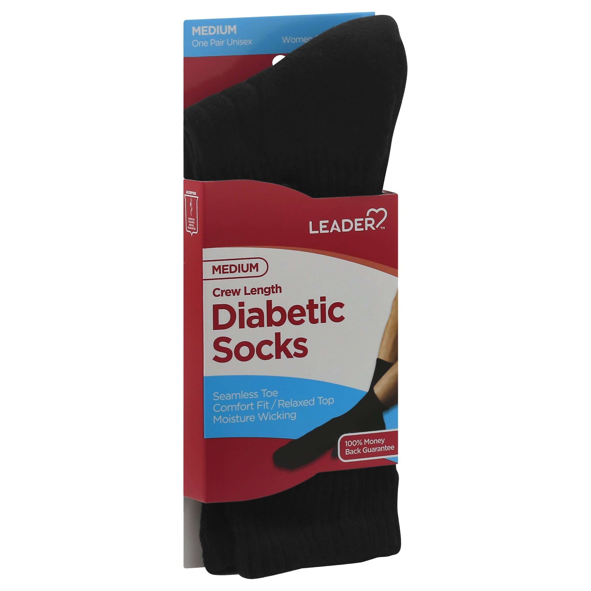 Black Leader Health Care Diabetic Crew Socks by Pasteur Pharmacy, medium size, designed for comfort and support, one pair.