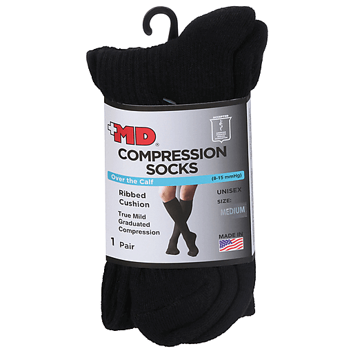 Pair of Pasteur Pharmacy MD Ribbed Over-the-Calf Compression Socks showing ribbed texture and cushioned design.