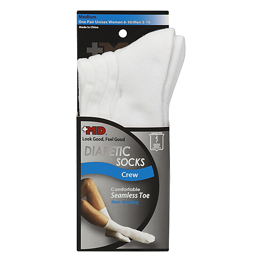 White diabetic crew socks by Pasteur Pharmacy, medium size, comfortable knit, designed for sensitive feet, 1 pair.