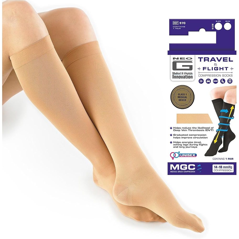 Tan Neo G energizing compression knee-high socks with supportive fit, designed for comfort and improved circulation.