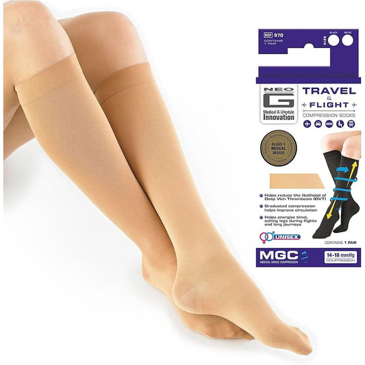 Tan Neo G energizing compression knee-high socks with supportive fit, designed for comfort and improved circulation.