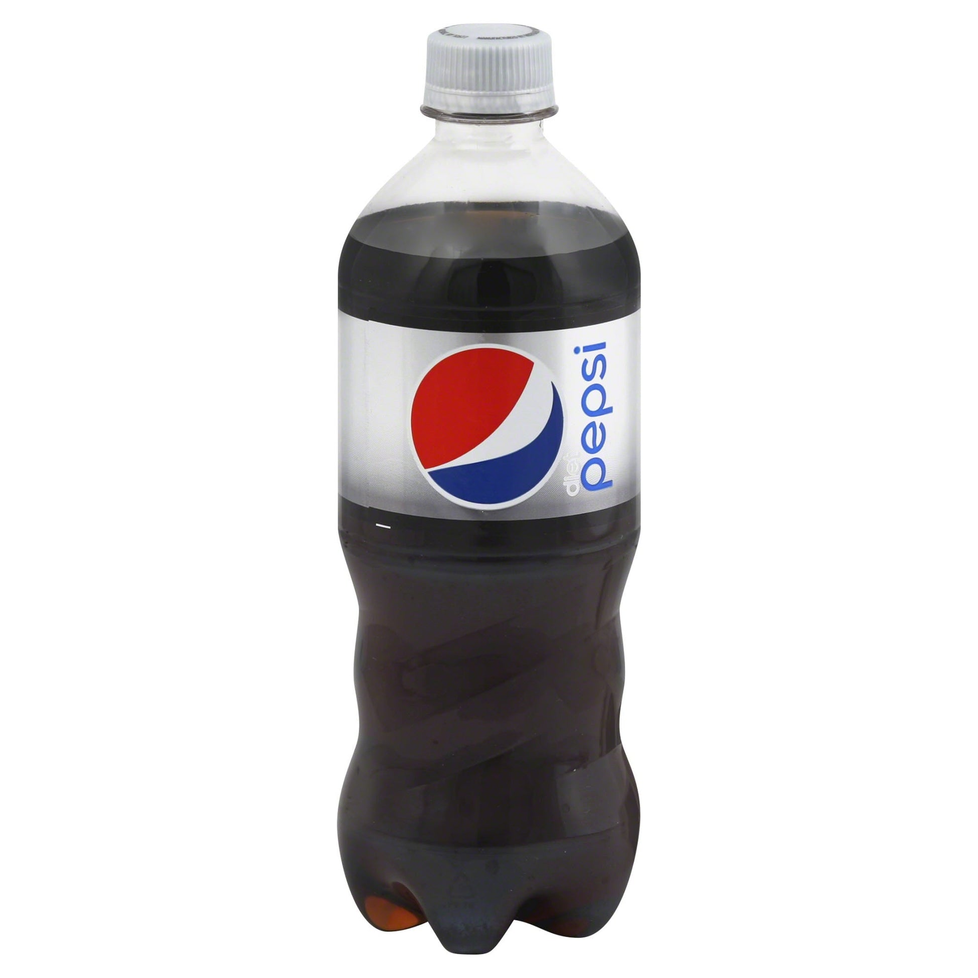Diet Pepsi soda in a 20 fl oz plastic bottle with a red and blue label, featuring the Pasteur Pharmacy branding.