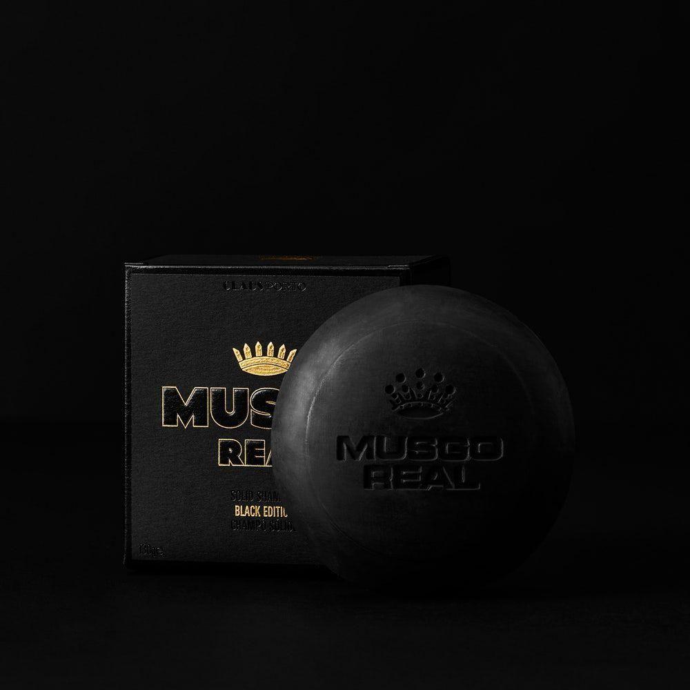 Pasteur Pharmacy Musgo Real Black Edition Solid Shampoo Bar 130g, natural black-colored solid shampoo for hair cleansing.