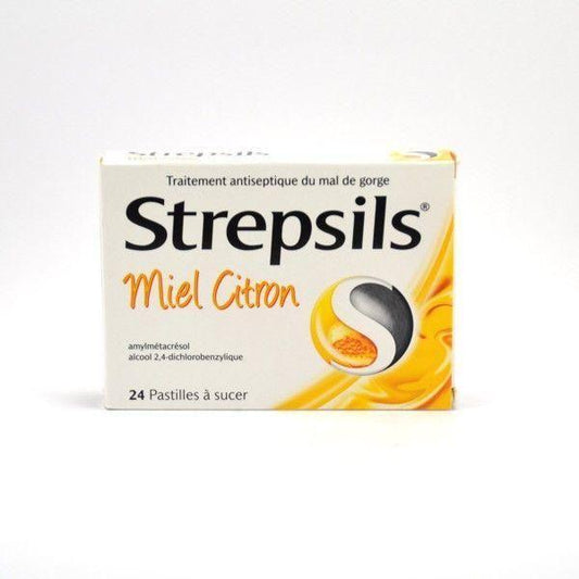 Pasteur Pharmacy Strepsils Miel Citron sore throat lozenges pack of 24, honey lemon flavor for throat relief.