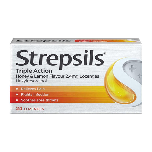 Pasteur Pharmacy Strepsils Triple Action Sore Throat Lozenges in honey lemon flavor, 24 lozenges for sore throat relief.