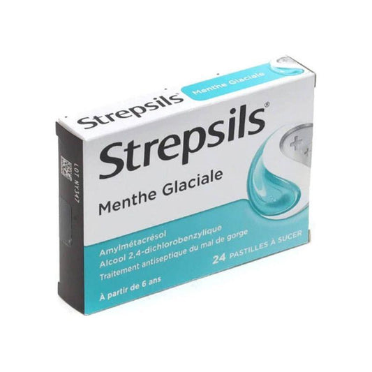 Pasteur Pharmacy Strepsils Cool Lozenges for sore throat relief, pack of 24, featuring blue packaging and lozenge tablets.