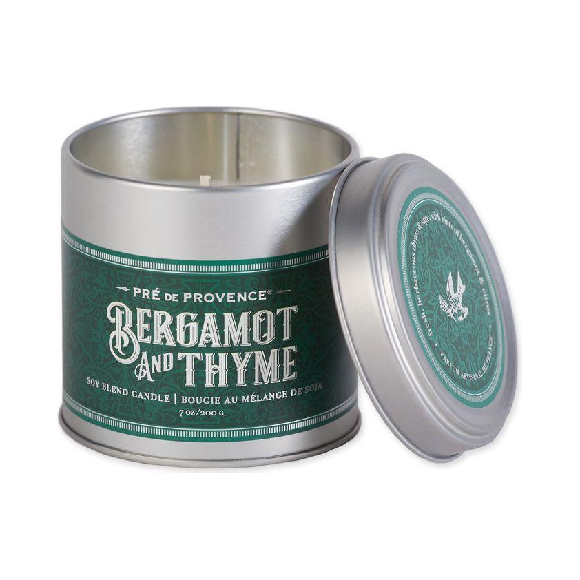 Pre De Provence Bergamot & Thyme soy blend candle in 200g container, with a cozy, natural wick and fresh herbal aroma.