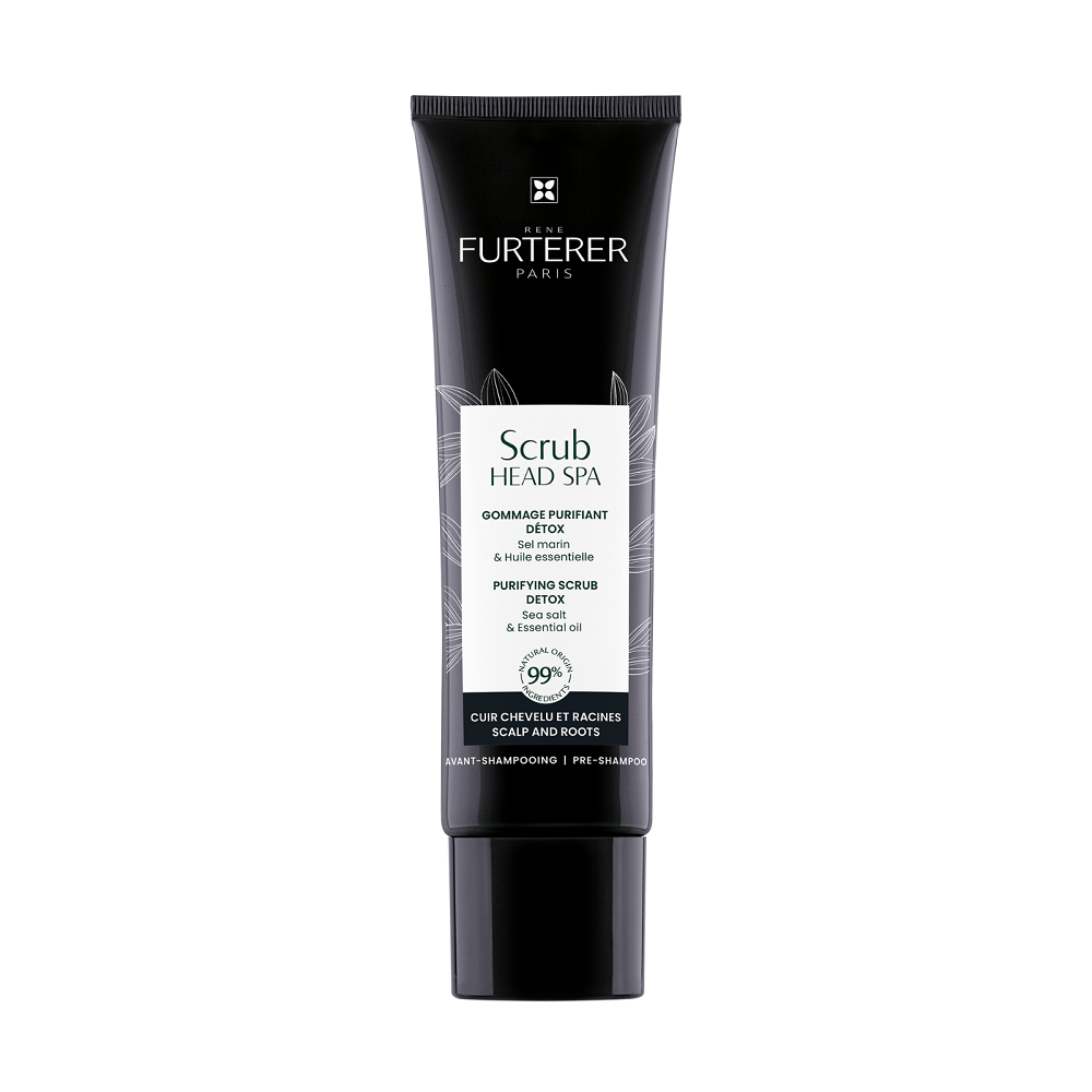 Rene Furterer René Head Spa Purifying Scrub Detox 150ml, a hair and scalp treatment with natural ingredients, displayed in a spa setting.