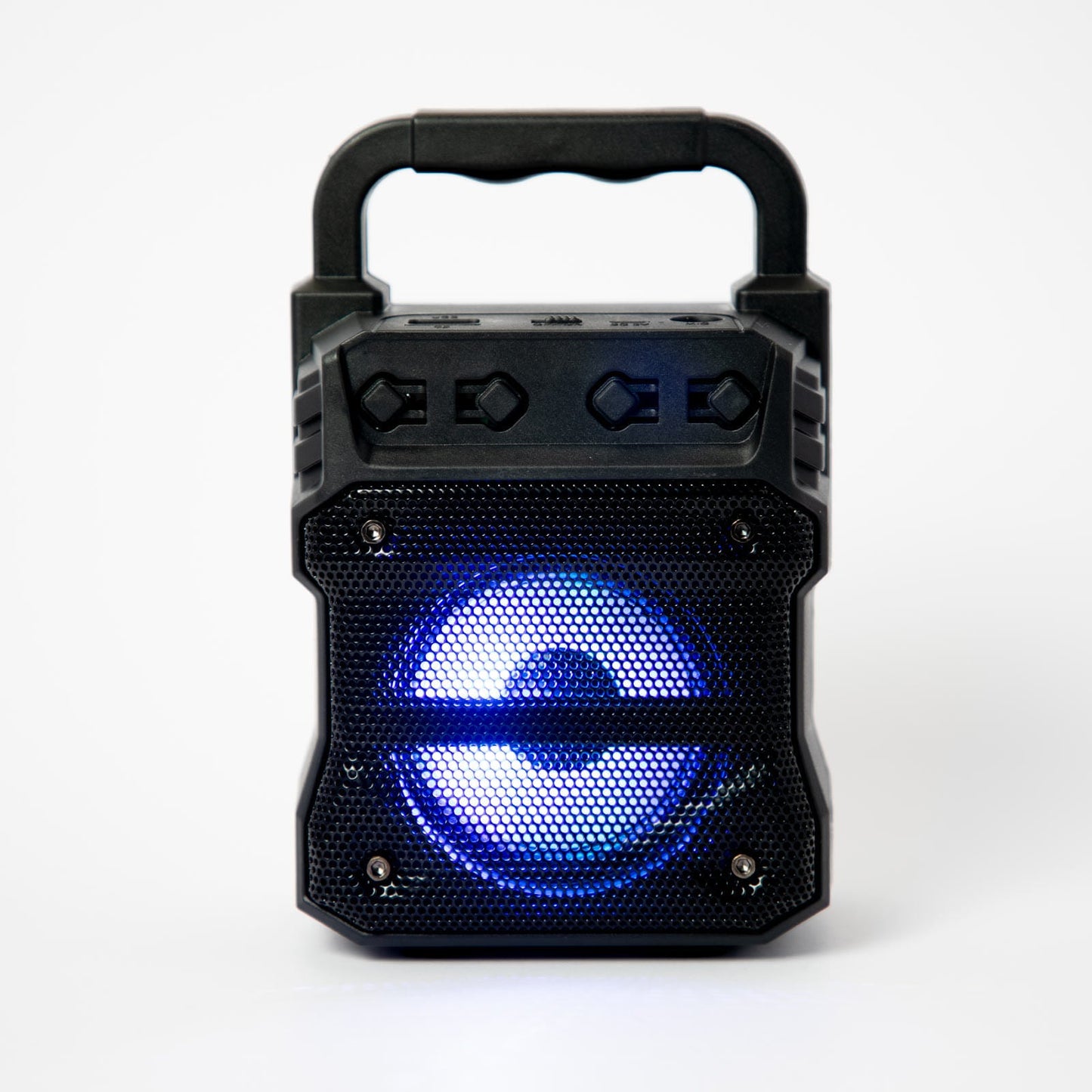 Coby portable wireless Bluetooth mini party speaker with black design, compact size, and control buttons on top.