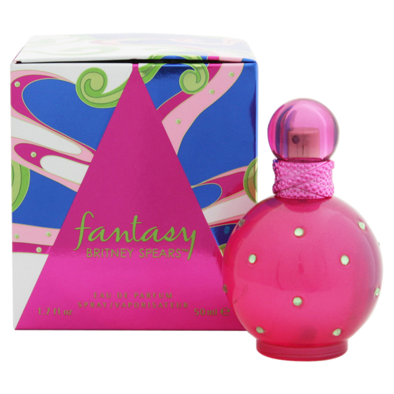 Britney Spears Fantasy Eau De Parfum spray, 1.7 fl oz, featuring a decorative perfume bottle with a colorful floral design.