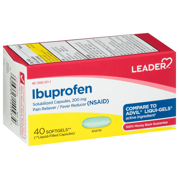 Leader™ Ibuprofen 200 mg liquid-filled softgels in blister pack, showing clear softgel capsules and packaging.