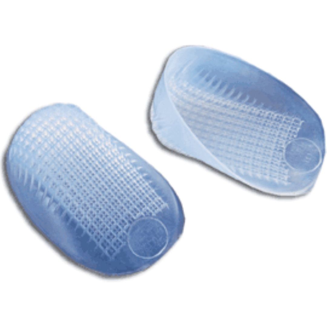 Pair of Tuli's Medi-Dyne Classic Gel Heel Cups for cushioning and support, displayed in a clear specimen cup.