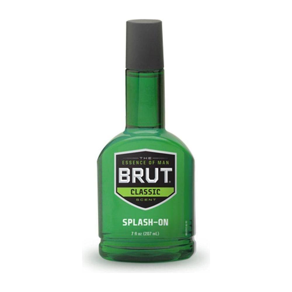 Brut Splash-On Lotion Classic 7 oz bottle from Pasteur Pharmacy, featuring clear liquid and white cap.