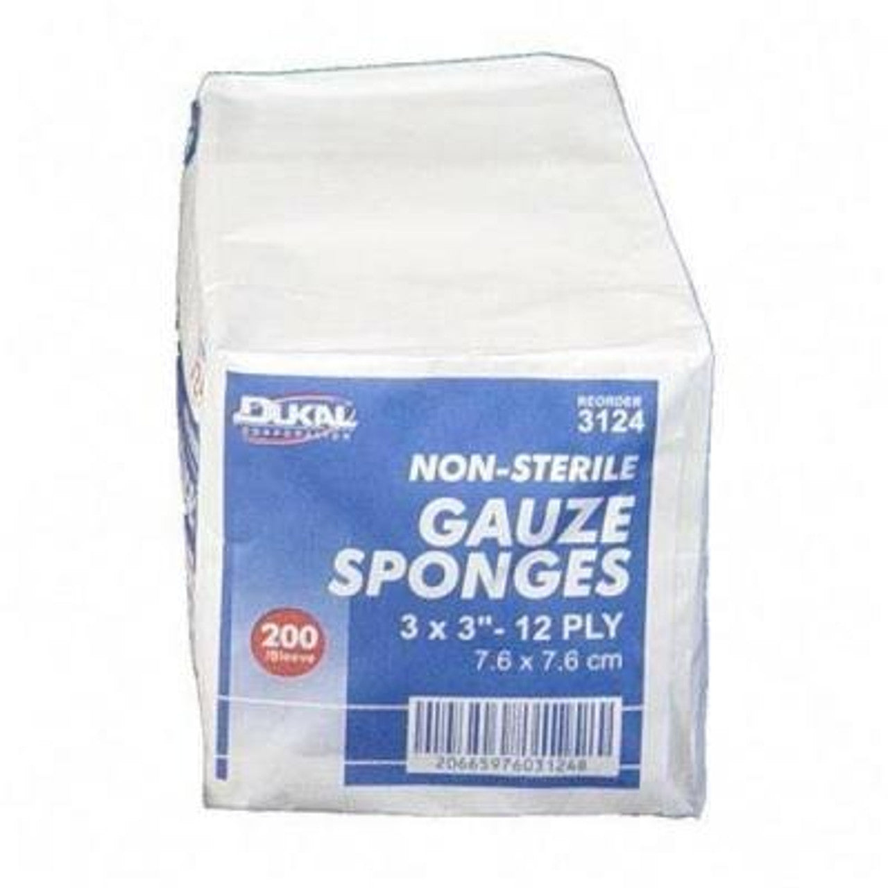 Dukar Corp 12-ply gauze sponges, 3x3 inches, sterile, ideal for medical or wound care, shown in a pack of 200.