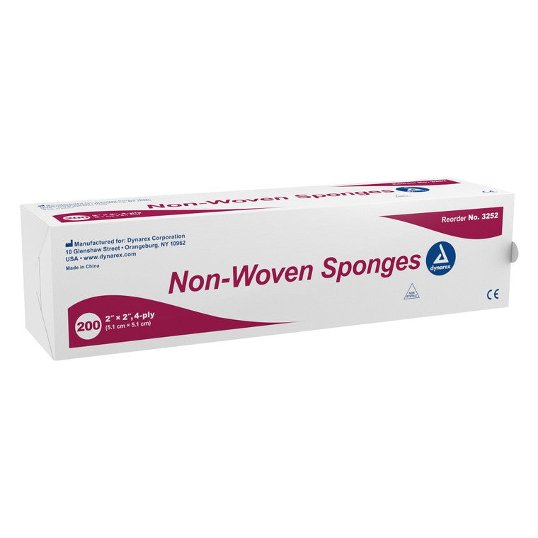 Dynarex Non Woven Sponge N S 4-Ply 2x2 used for medical or cleaning purposes, featuring soft, durable non-woven material.