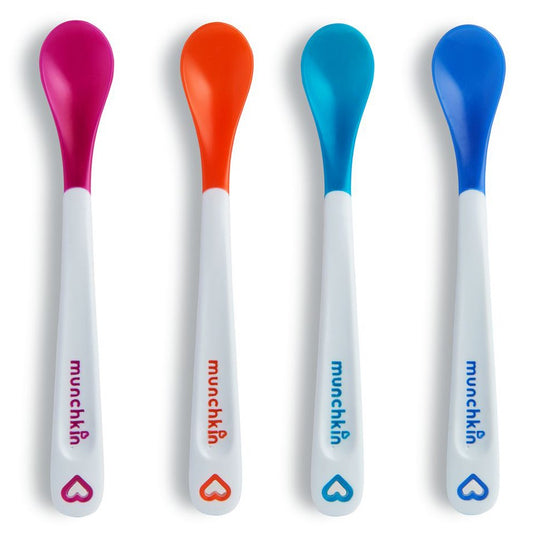 Set of four Munchkin White Hot Safety Spoons for toddlers, designed to indicate temperature and safe feeding for 3+ months.