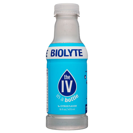 Biolyte electrolyte supplement in citrus flavor, 16 fl oz bottle, sports and energy drink by Pasteur Pharmacy.