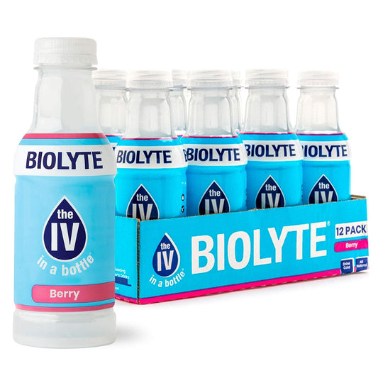Biolyte Premium Mixed Berry electrolyte supplement sports drink in a 16 fl oz bottle, natural fruit flavor and hydration support