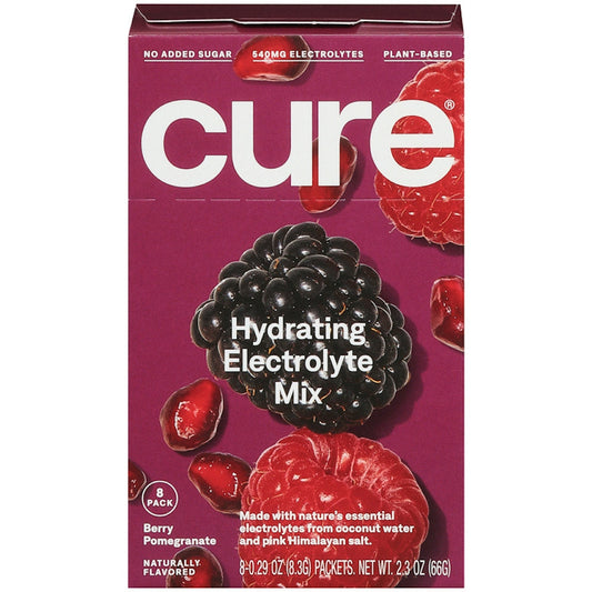 Cure Hydration electrolyte vegan drink mix powder in berry pomegranate flavor, 8-count, for sports and energy hydration.