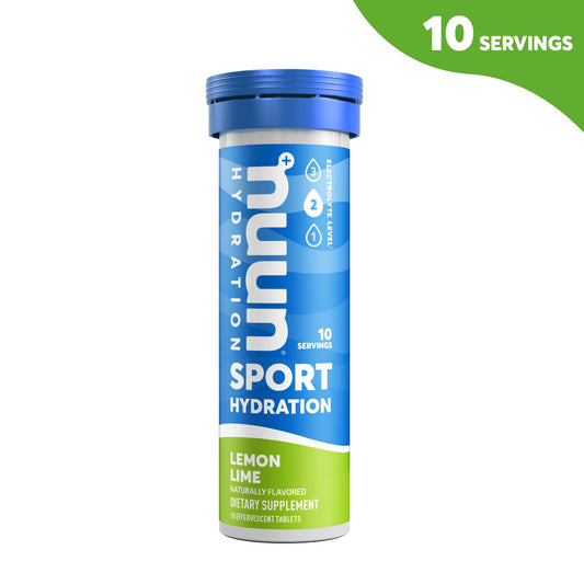 Nuun Sport Hydration Lemon Lime flavored effervescent electrolyte drink tablets for sports and energy hydration.