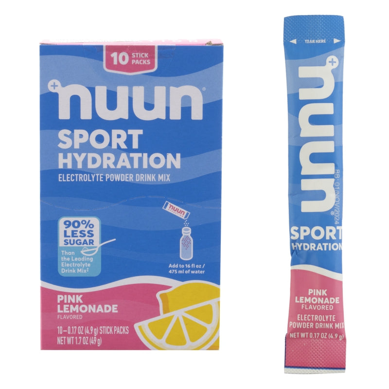 Nuun Sport Hydration Pink Lemonade electrolyte powder drink mix in a colorful packet for sports and energy hydration.