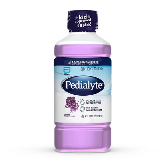 Oralyte Pediatric Electrolyte Solution in grape flavor, 33.8 fl oz bottle, sports and energy drink for rehydration.